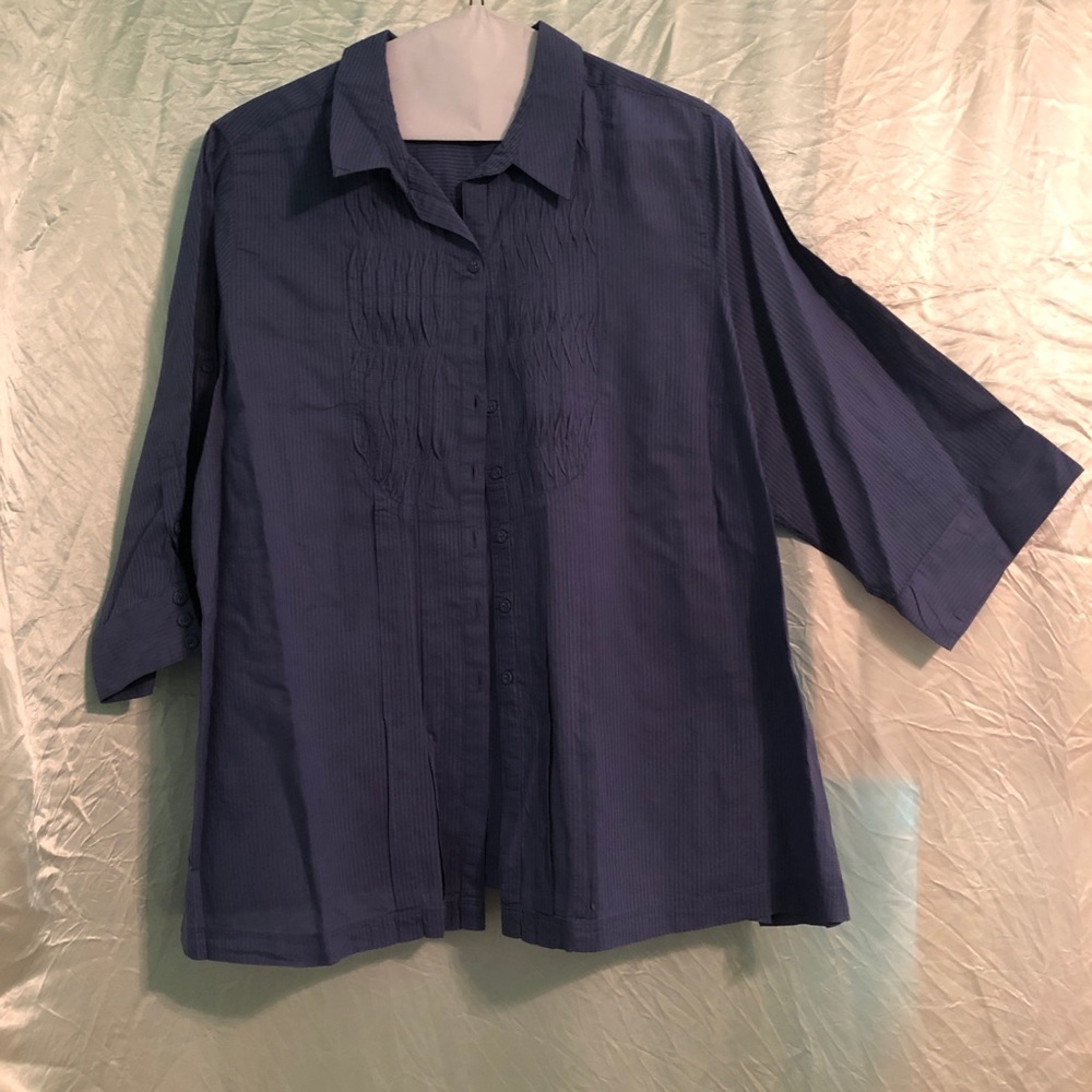 Avenue. Button down blouse.  Blue stripes.